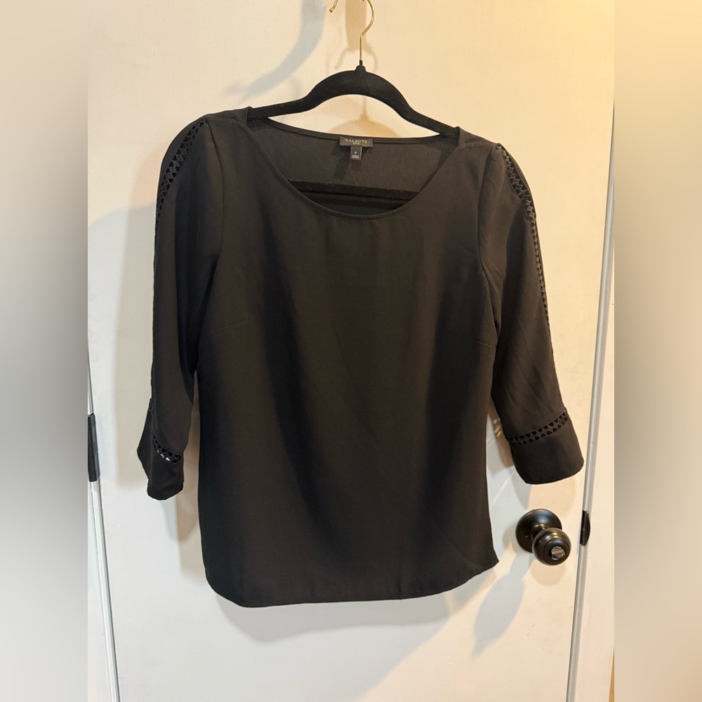 Talbots Black Blouse with Crochet Sleeve Details-#1376